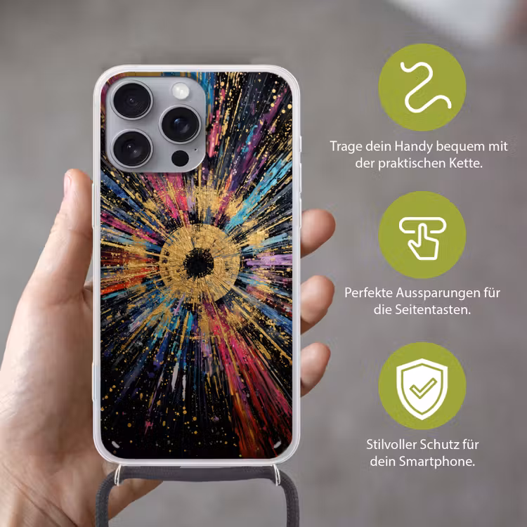 Explosie - Goud - Kleurrijk - Abstract Hoesje iPhone 16 Pro Max met koord klein -sfeer2_DE