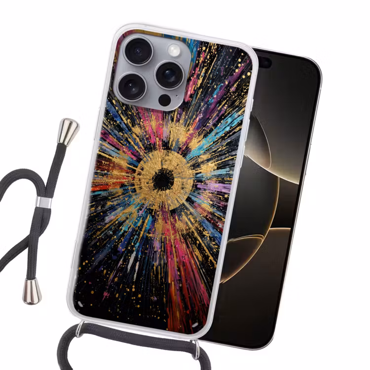 Explosie - Goud - Kleurrijk - Abstract Hoesje iPhone 16 Pro Max met koord klein -sfeer1