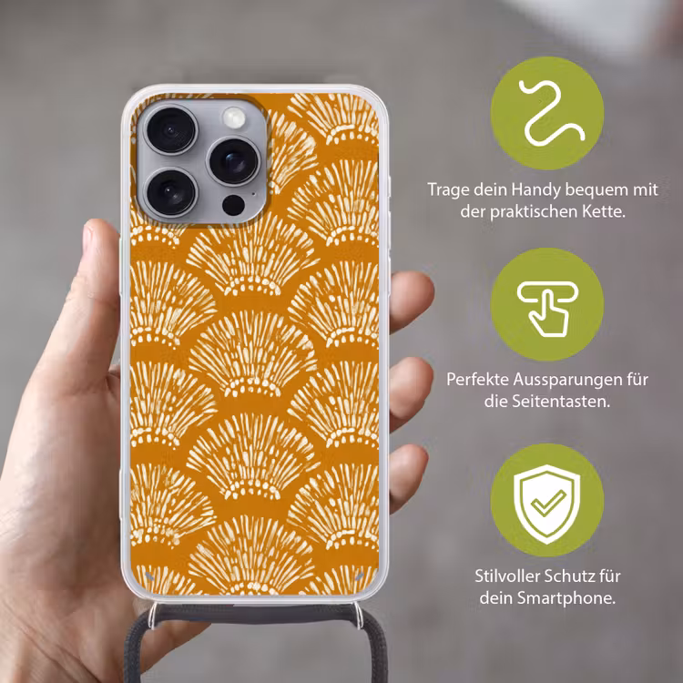 Waaierachtige motieven - Geel - Vintage Hoesje iPhone 16 Pro Max met koord klein -sfeer2_DE
