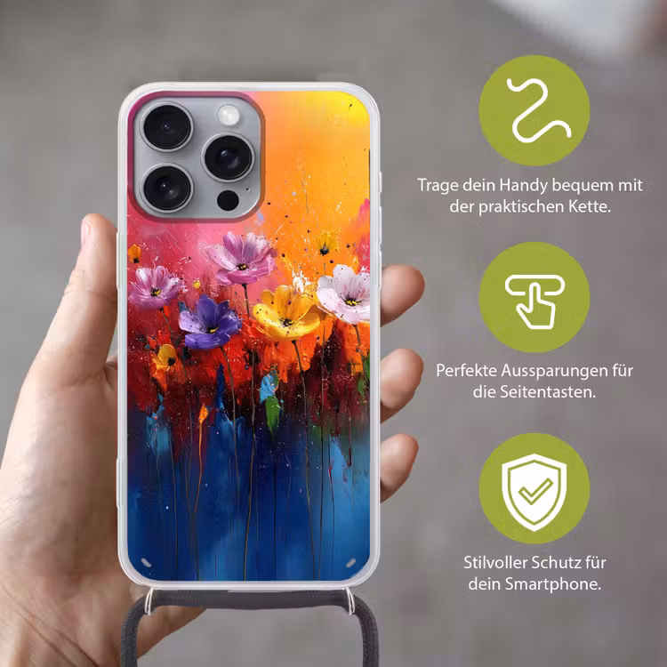 Fantasiebloemen - Verf - Speels Hoesje iPhone 16 Pro Max met koord klein -sfeer2_DE
