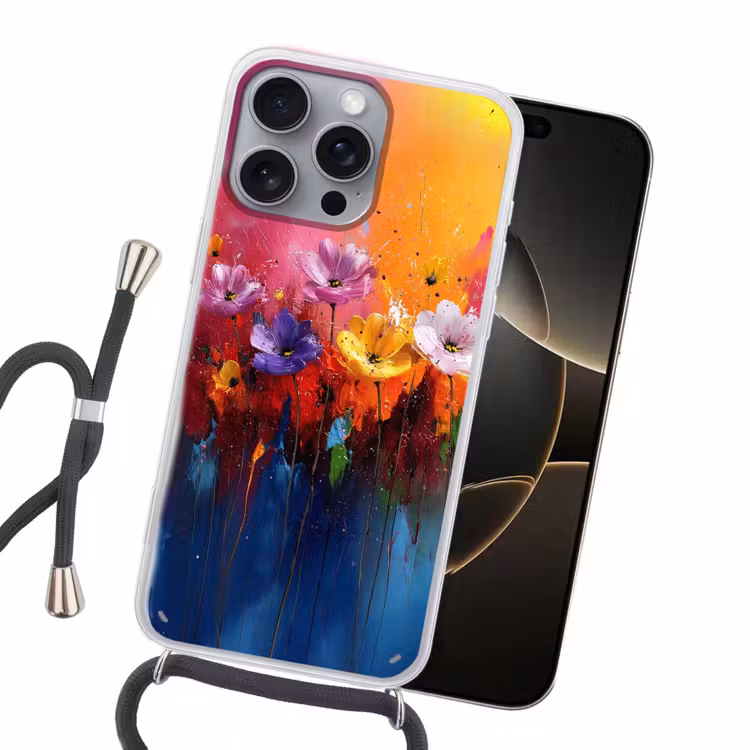 Fantasiebloemen - Verf - Speels Hoesje iPhone 16 Pro Max met koord klein -sfeer1