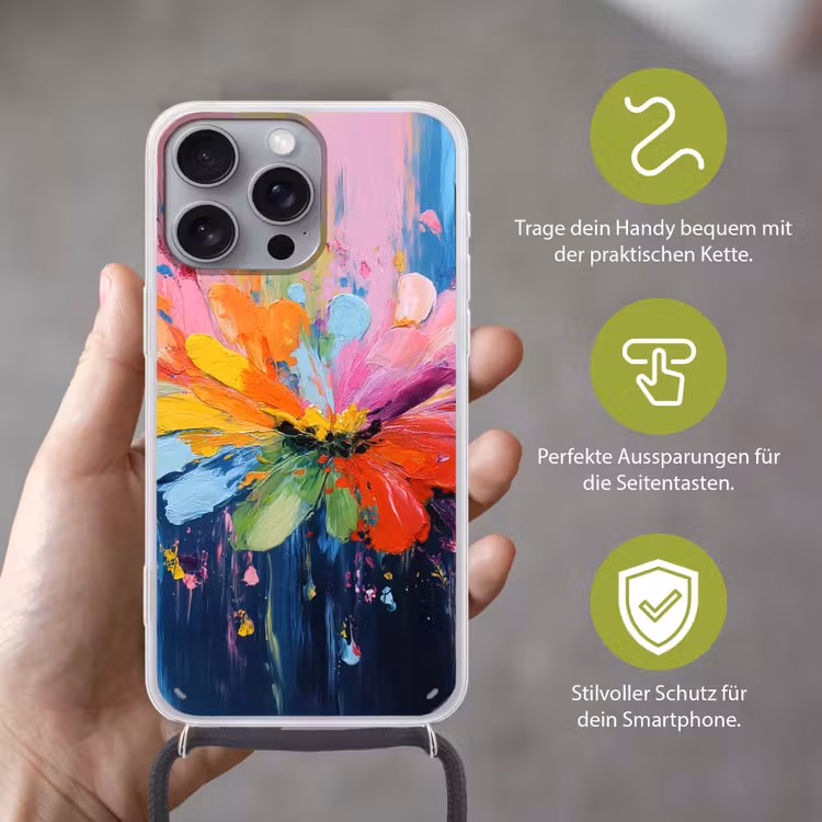 Kleuruitbarsting - Expressieve sfeer - Bloem Hoesje iPhone 16 Pro Max met koord klein -sfeer2_DE