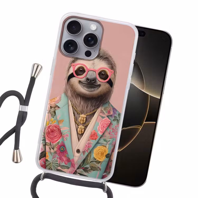 Luiaard - Bloemenprint - Bril - Roze Hoesje iPhone 16 Pro Max met koord klein -sfeer1