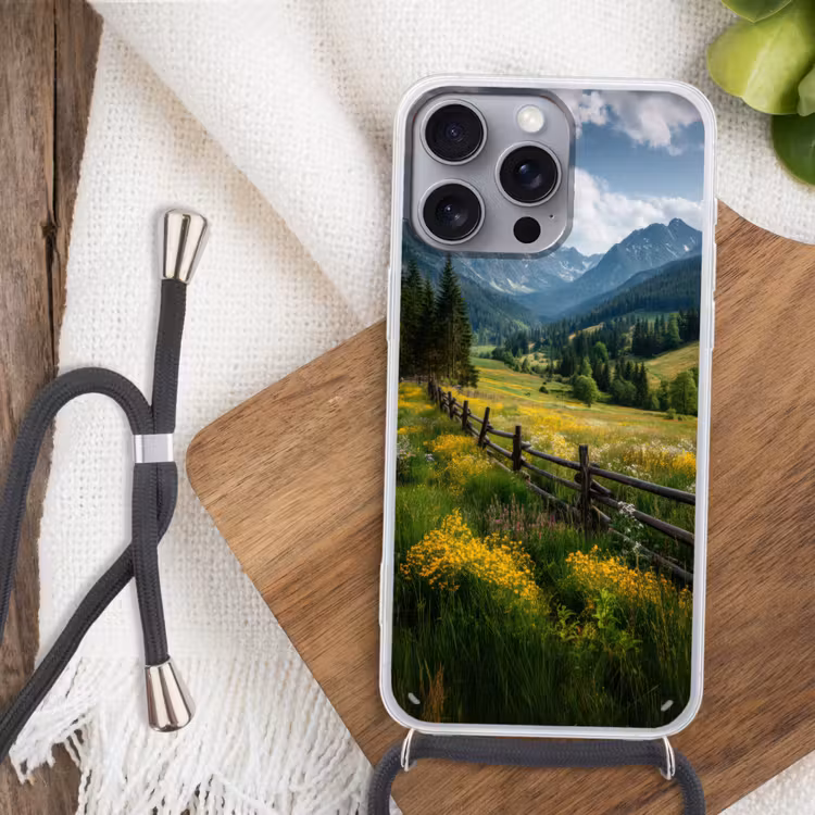 Veld - Hek - Bergen - Bloemen Hoesje iPhone 16 Pro Max met koord klein -sfeer4