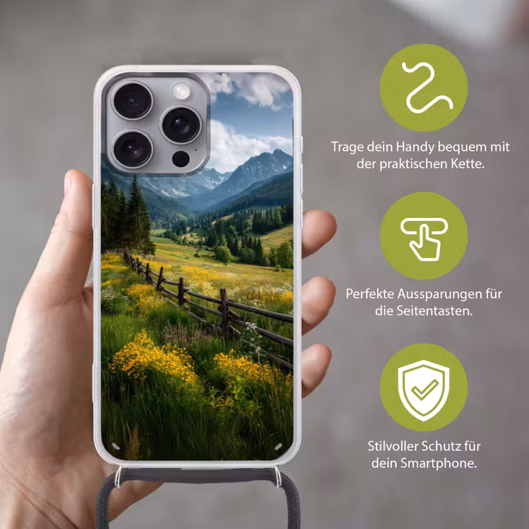 Veld - Hek - Bergen - Bloemen Hoesje iPhone 16 Pro Max met koord klein -sfeer2_DE