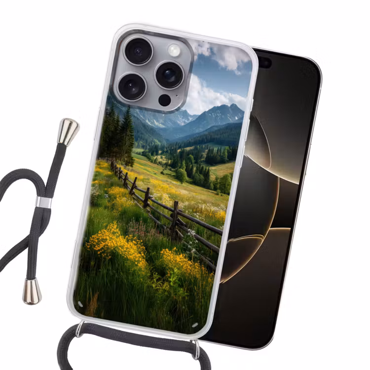 Veld - Hek - Bergen - Bloemen Hoesje iPhone 16 Pro Max met koord klein -sfeer1