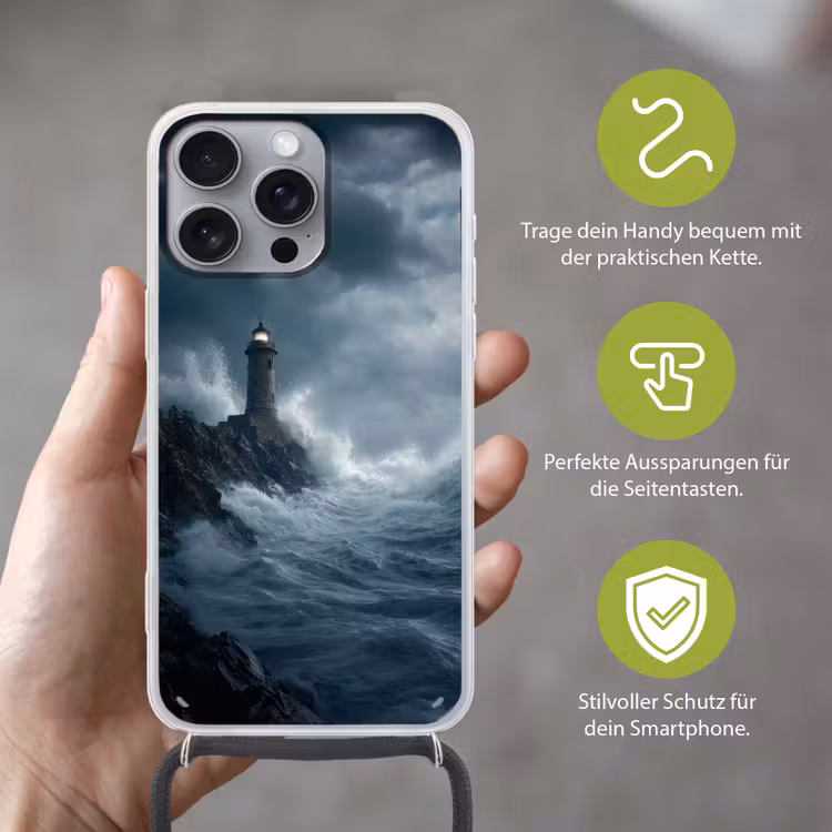 Rotsen - Vuurtoren - Golven - Klliffen Hoesje iPhone 16 Pro Max met koord klein -sfeer2_DE