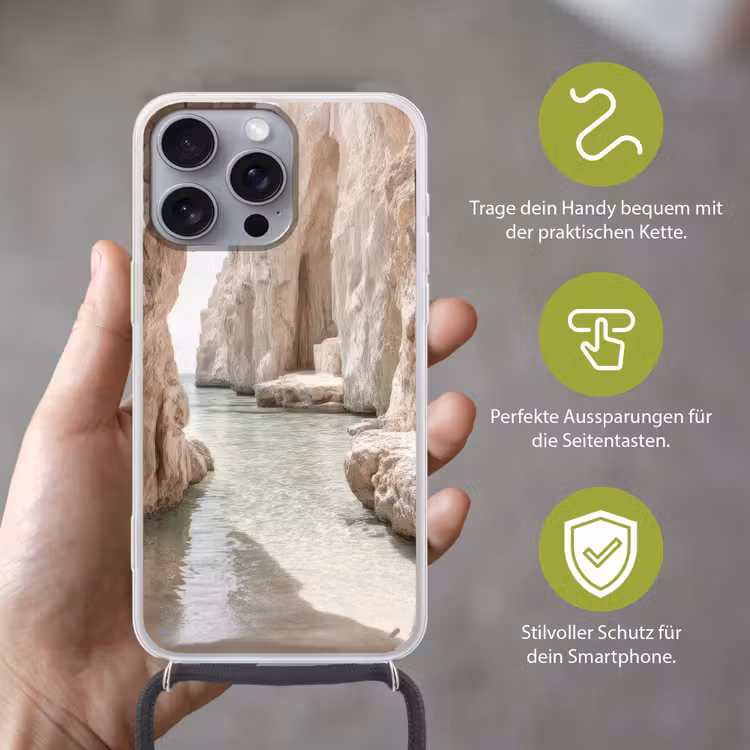Rotsen - Zee - Zand - Kloof Hoesje iPhone 16 Pro Max met koord klein -sfeer2_DE