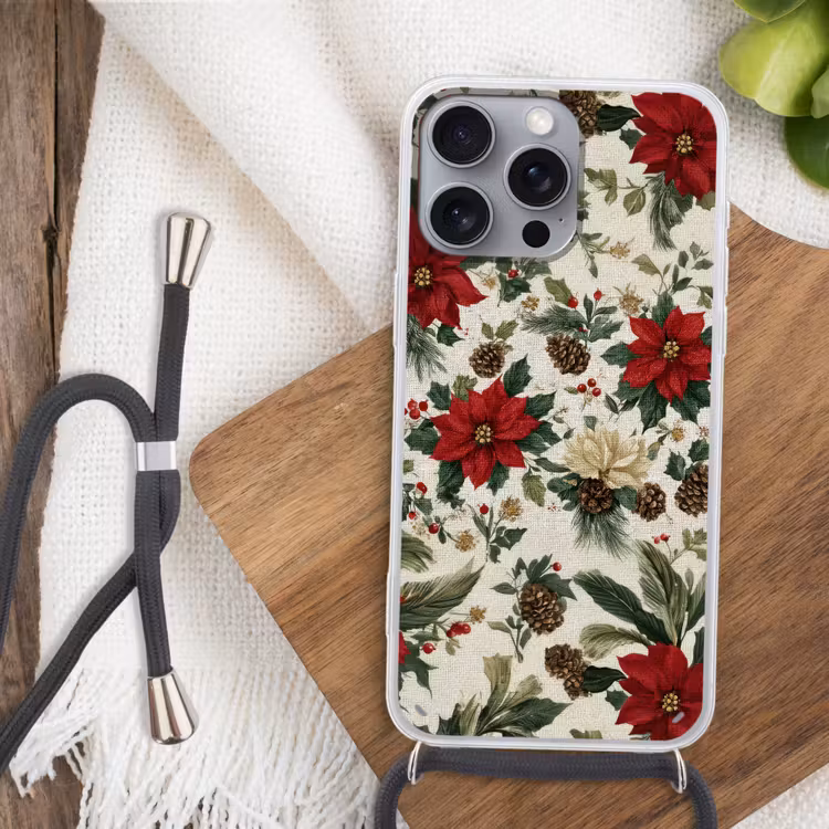 Feestelijk - Textielpatroon - Kerstbloemen - Kleurrijk Hoesje iPhone 16 Pro Max met koord klein -sfeer4