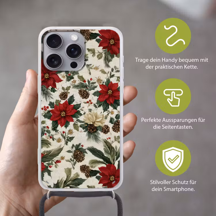 Feestelijk - Textielpatroon - Kerstbloemen - Kleurrijk Hoesje iPhone 16 Pro Max met koord klein -sfeer2_DE