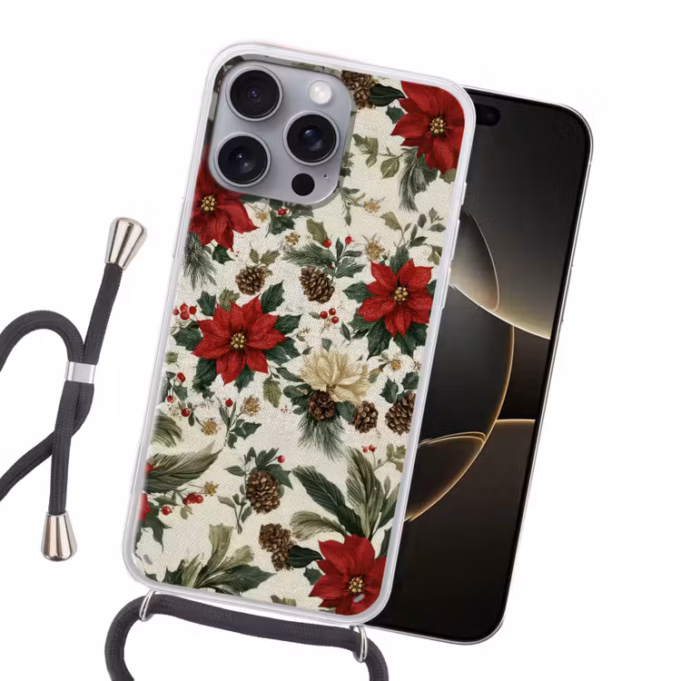 Feestelijk - Textielpatroon - Kerstbloemen - Kleurrijk Hoesje iPhone 16 Pro Max met koord klein -sfeer1