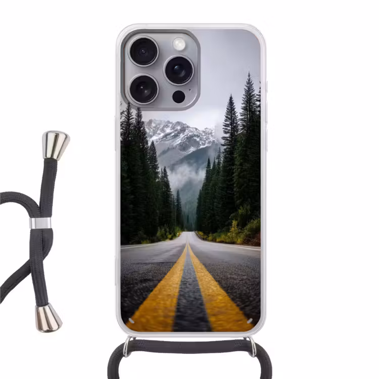 Sparrenbos - Weg - Bergen - Sneeuw Hoesje iPhone 16 Pro Max met koord klein -3d