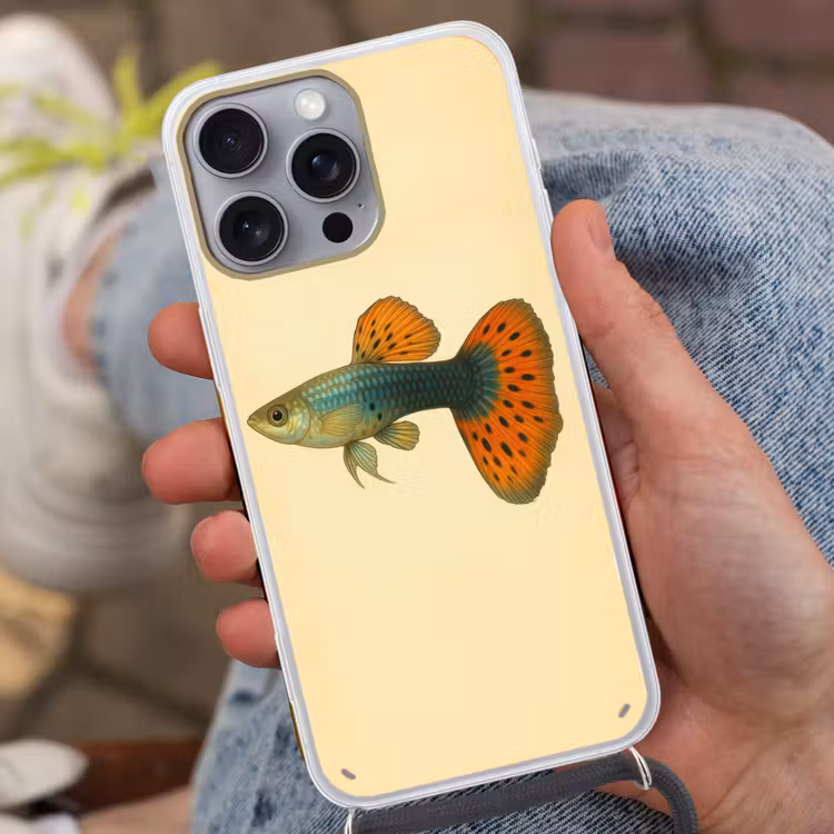 Vis - illustratie - Stippen - Oranje Hoesje iPhone 16 Pro Max met koord klein -sfeer3