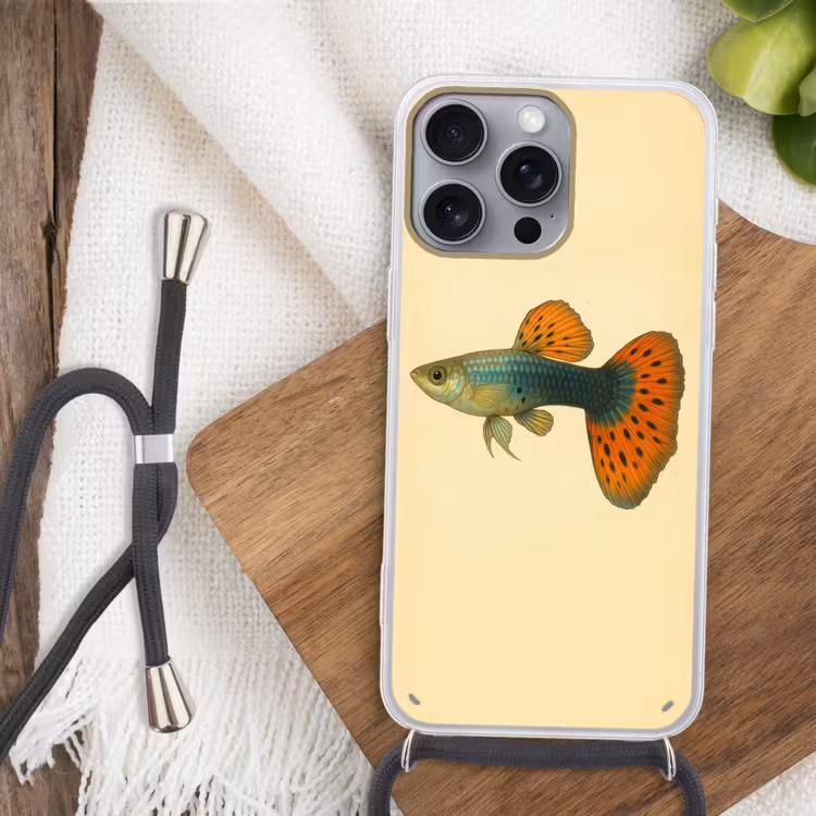 Vis - illustratie - Stippen - Oranje Hoesje iPhone 16 Pro Max met koord klein -sfeer4