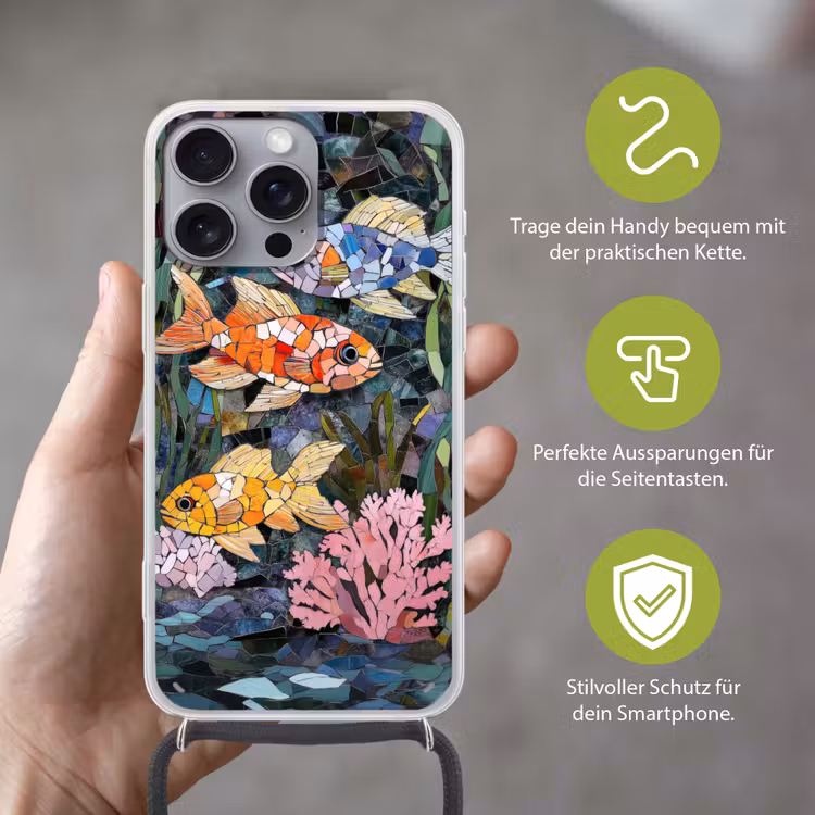 Vissen - Koraal - Zee - Mozaïek Hoesje iPhone 16 Pro Max met koord klein -sfeer2_DE