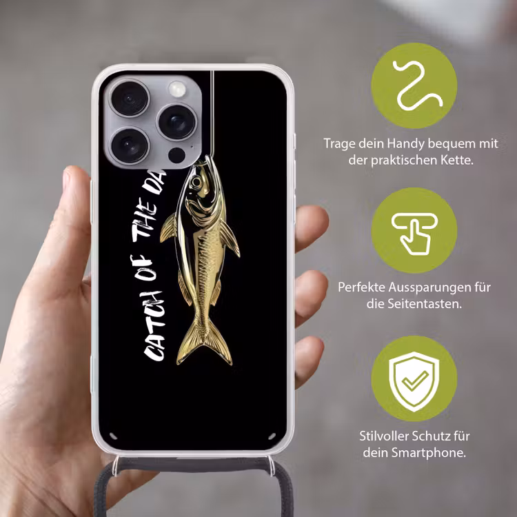 Vis - Zwart - Goud - Tekst Hoesje iPhone 16 Pro Max met koord klein -sfeer2_DE