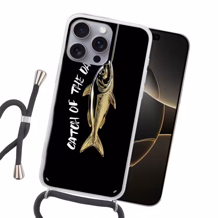 Vis - Zwart - Goud - Tekst Hoesje iPhone 16 Pro Max met koord klein -sfeer1