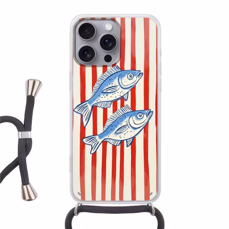 Vissen - Verticale strepen - Blauw - Rood Hoesje iPhone 16 Pro Max met koord klein -3d