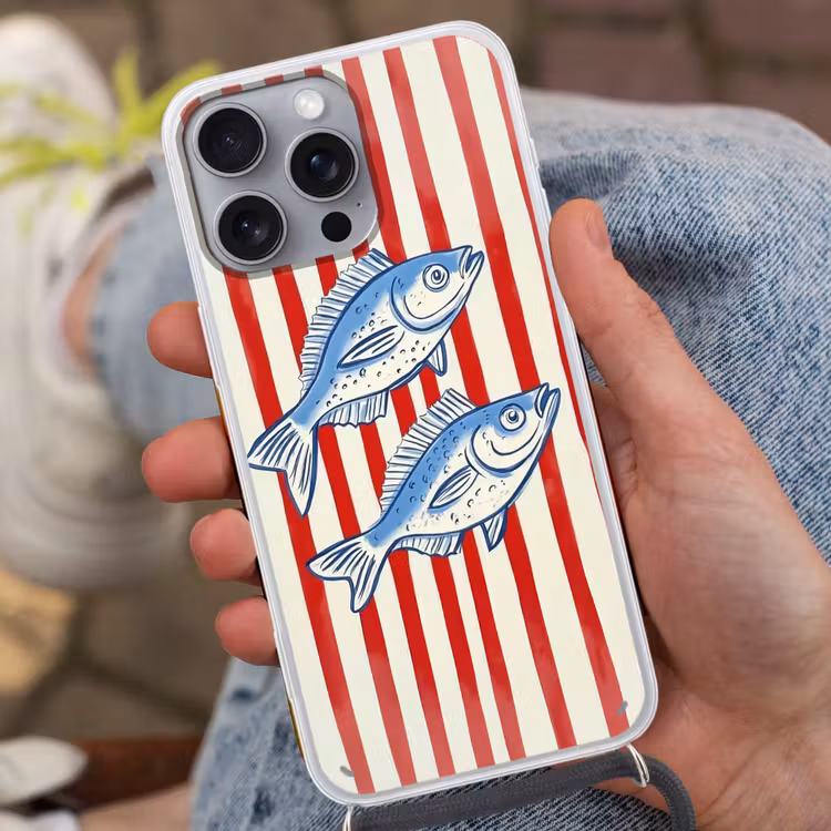 Vissen - Verticale strepen - Blauw - Rood Hoesje iPhone 16 Pro Max met koord klein -sfeer3