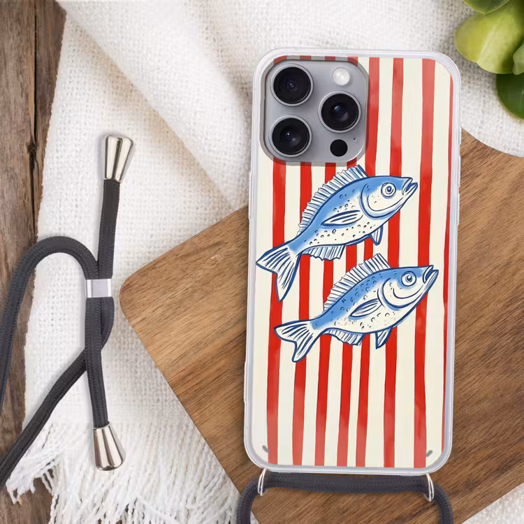 Vissen - Verticale strepen - Blauw - Rood Hoesje iPhone 16 Pro Max met koord klein -sfeer4