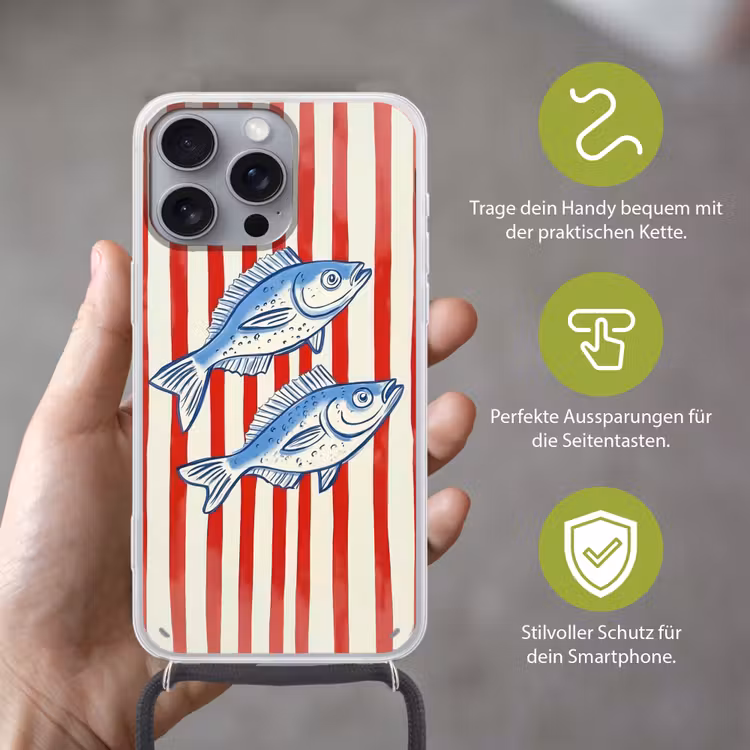 Vissen - Verticale strepen - Blauw - Rood Hoesje iPhone 16 Pro Max met koord klein -sfeer2_DE