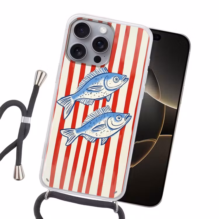 Vissen - Verticale strepen - Blauw - Rood Hoesje iPhone 16 Pro Max met koord klein -sfeer1