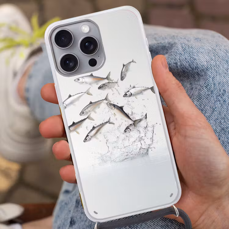 Vissen - Water - Wit Hoesje iPhone 16 Pro Max met koord klein -sfeer3