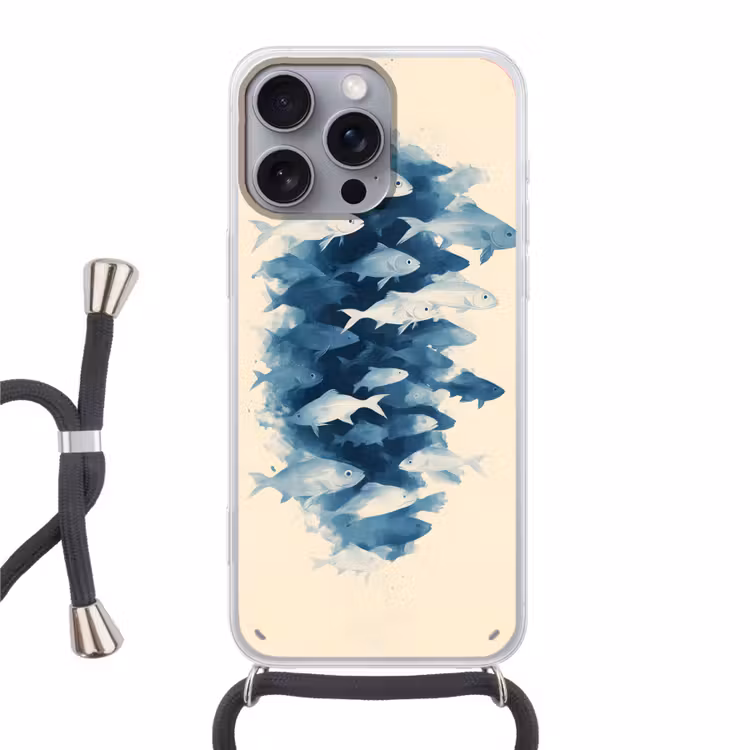 Vissen - Minimalistisch - Blauw Hoesje iPhone 16 Pro Max met koord klein -3d