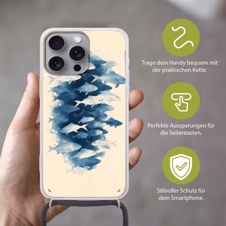 Vissen - Minimalistisch - Blauw Hoesje iPhone 16 Pro Max met koord klein -sfeer2_DE