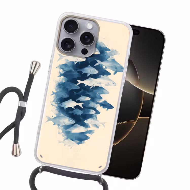 Vissen - Minimalistisch - Blauw Hoesje iPhone 16 Pro Max met koord klein -sfeer1