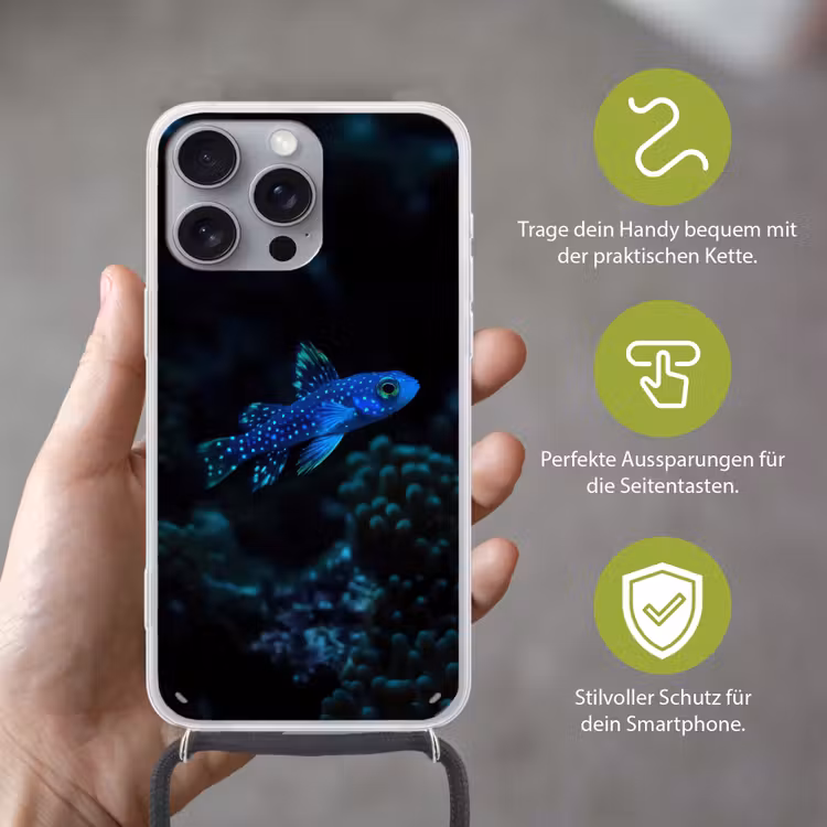 Vis - Stippen - Koraal - Blauw Hoesje iPhone 16 Pro Max met koord klein -sfeer2_DE