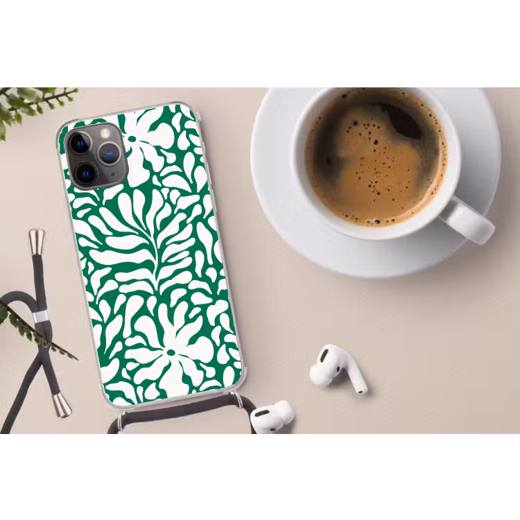 Bloemen patroon - Groen - Wit - Print Hoesje iPhone 12 Pro met koord klein -oordop