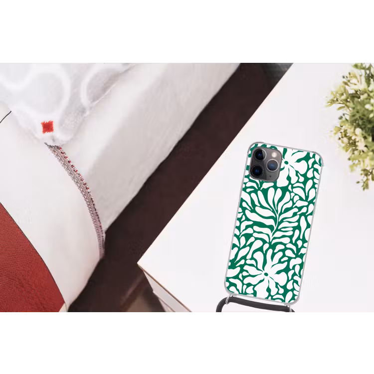 Bloemen patroon - Groen - Wit - Print Hoesje iPhone 12 Pro met koord klein -kamer
