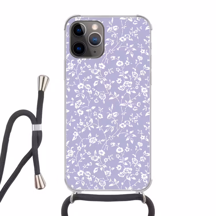 Bloemenpatroon - Paars - Wit - Bloemen Hoesje iPhone 12 Pro met koord klein -3d