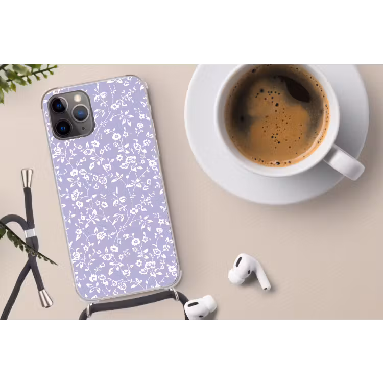 Bloemenpatroon - Paars - Wit - Bloemen Hoesje iPhone 12 Pro met koord klein -oordop