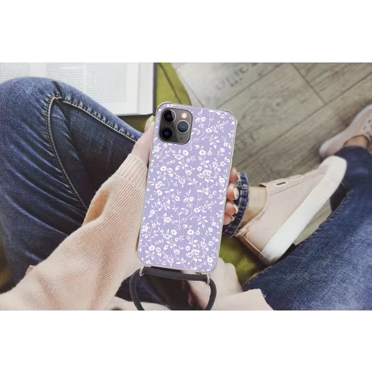 Bloemenpatroon - Paars - Wit - Bloemen Hoesje iPhone 12 Pro met koord klein -hand