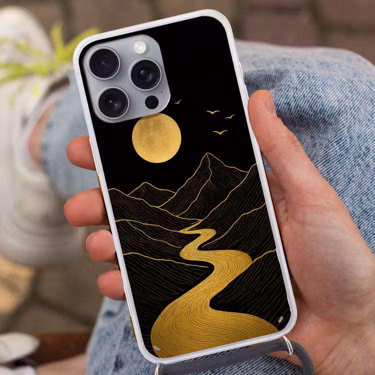 Rivier - Goud - Maan - Vogels Hoesje iPhone 16 Pro Max met koord klein -sfeer3