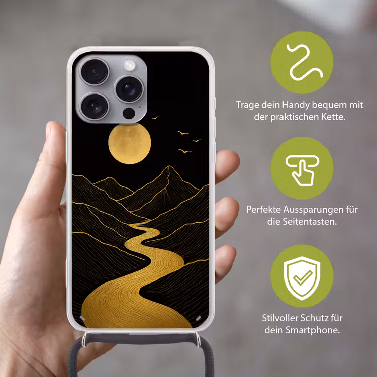 Rivier - Goud - Maan - Vogels Hoesje iPhone 16 Pro Max met koord klein -sfeer2_DE