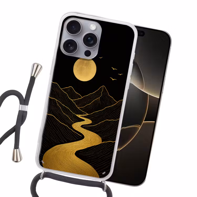 Rivier - Goud - Maan - Vogels Hoesje iPhone 16 Pro Max met koord klein -sfeer1