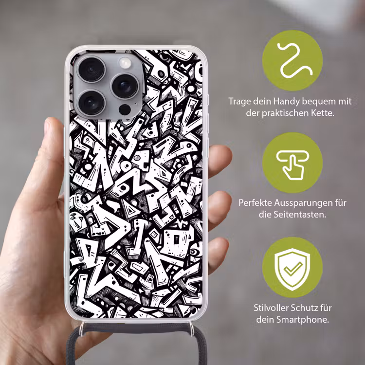 Vormen - Letters - Graffiti - Zwart Hoesje iPhone 16 Pro Max met koord klein -sfeer2_DE