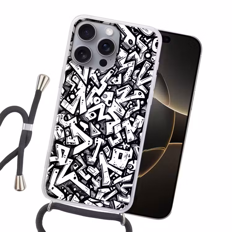 Vormen - Letters - Graffiti - Zwart Hoesje iPhone 16 Pro Max met koord klein -sfeer1