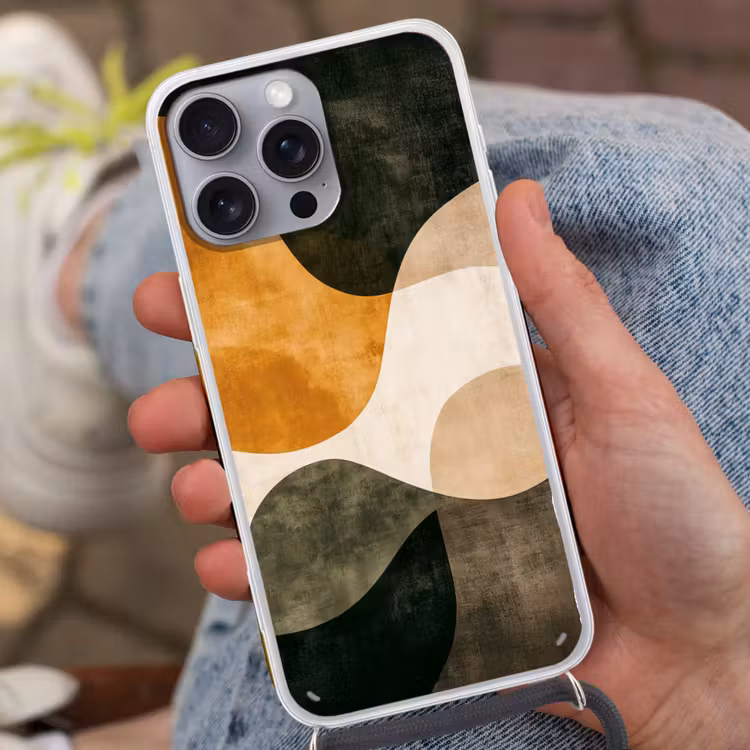 Vormen - Okergeel - Abstract Hoesje iPhone 16 Pro Max met koord klein -sfeer3