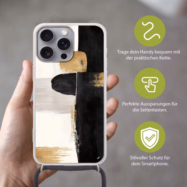 Vormen - Penseelstreken - Abstract - Goud Hoesje iPhone 16 Pro Max met koord klein -sfeer2_DE