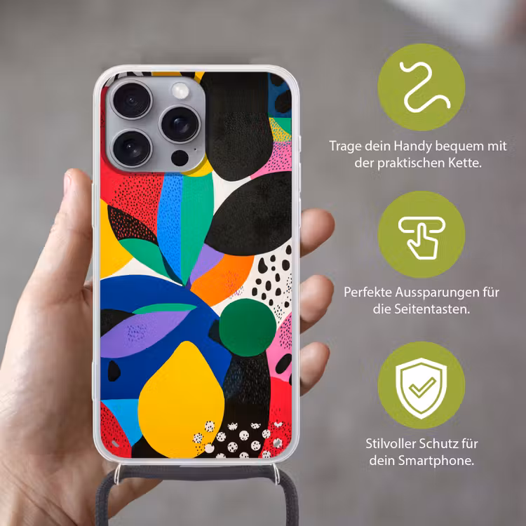 Vormen - Stippen - Kleurrijk Hoesje iPhone 16 Pro Max met koord klein -sfeer2_DE
