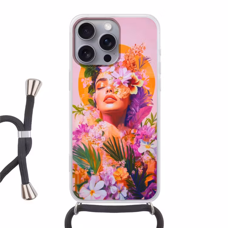 Vrouw - Abstract - Cirkel - Bloemen Hoesje iPhone 16 Pro Max met koord klein -3d