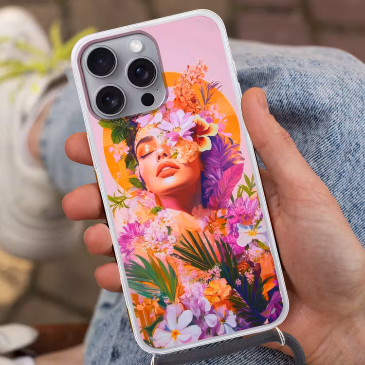 Vrouw - Abstract - Cirkel - Bloemen Hoesje iPhone 16 Pro Max met koord klein -sfeer3