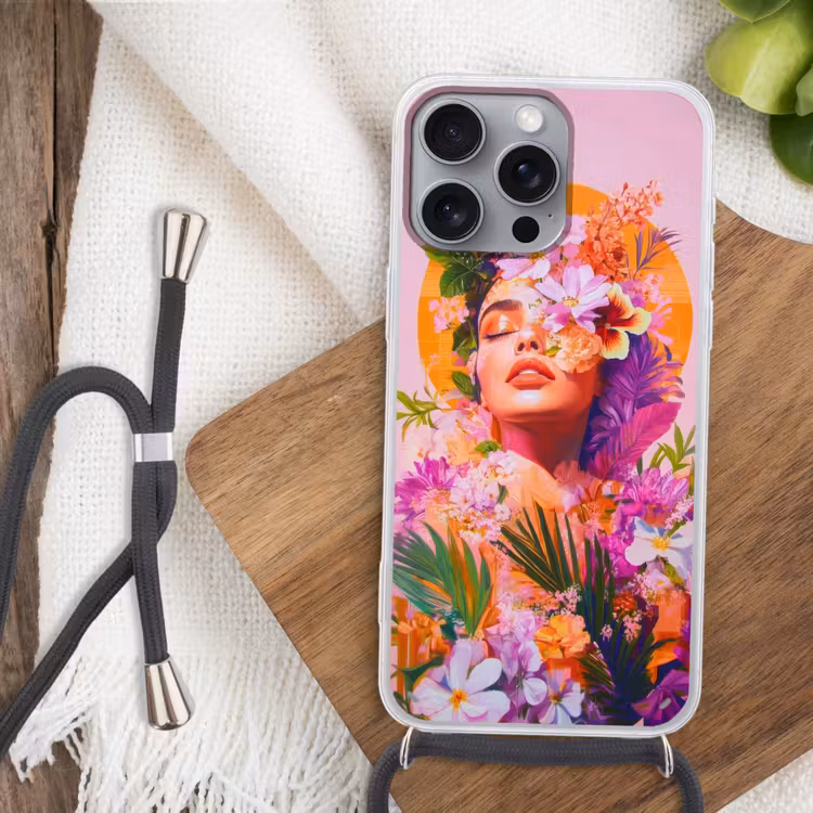 Vrouw - Abstract - Cirkel - Bloemen Hoesje iPhone 16 Pro Max met koord klein -sfeer4