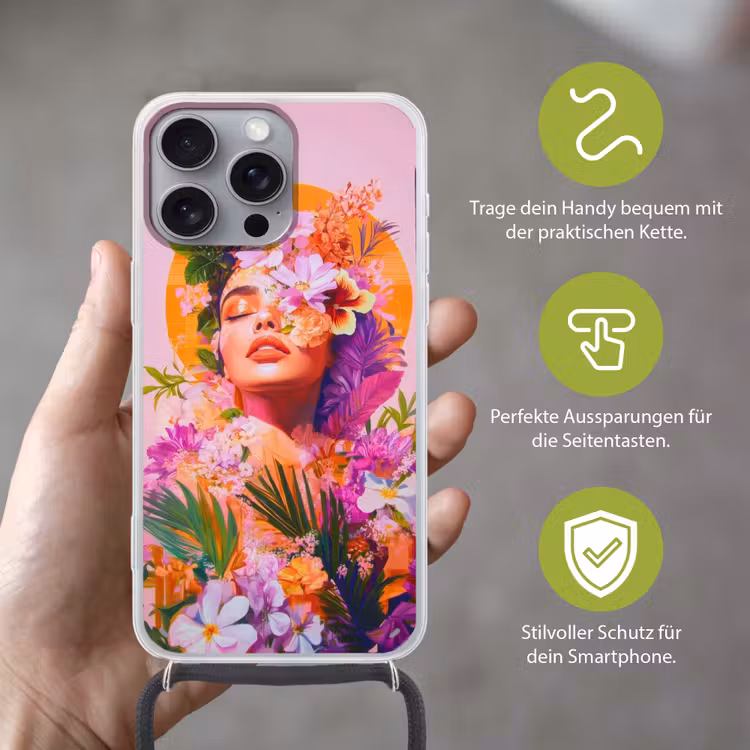 Vrouw - Abstract - Cirkel - Bloemen Hoesje iPhone 16 Pro Max met koord klein -sfeer2_DE