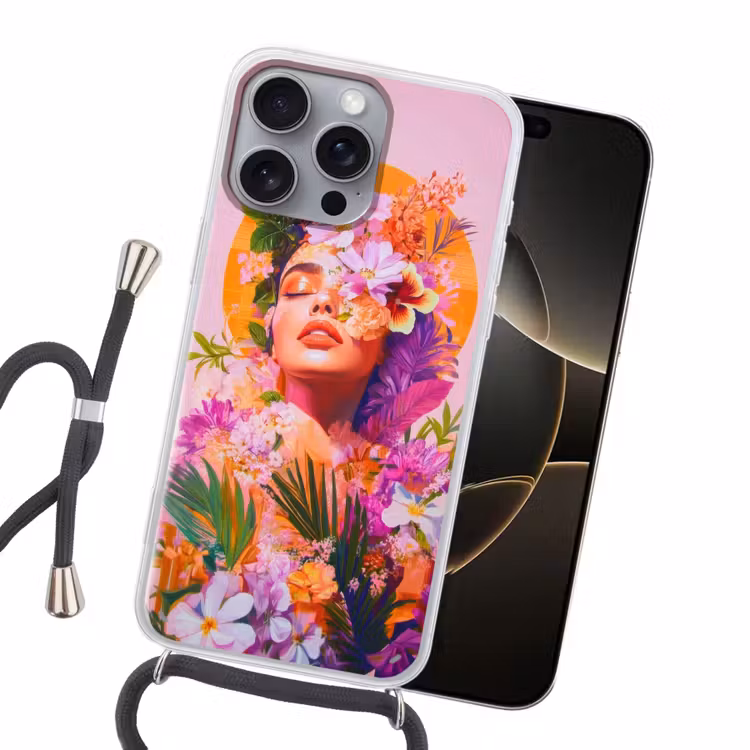 Vrouw - Abstract - Cirkel - Bloemen Hoesje iPhone 16 Pro Max met koord klein -sfeer1