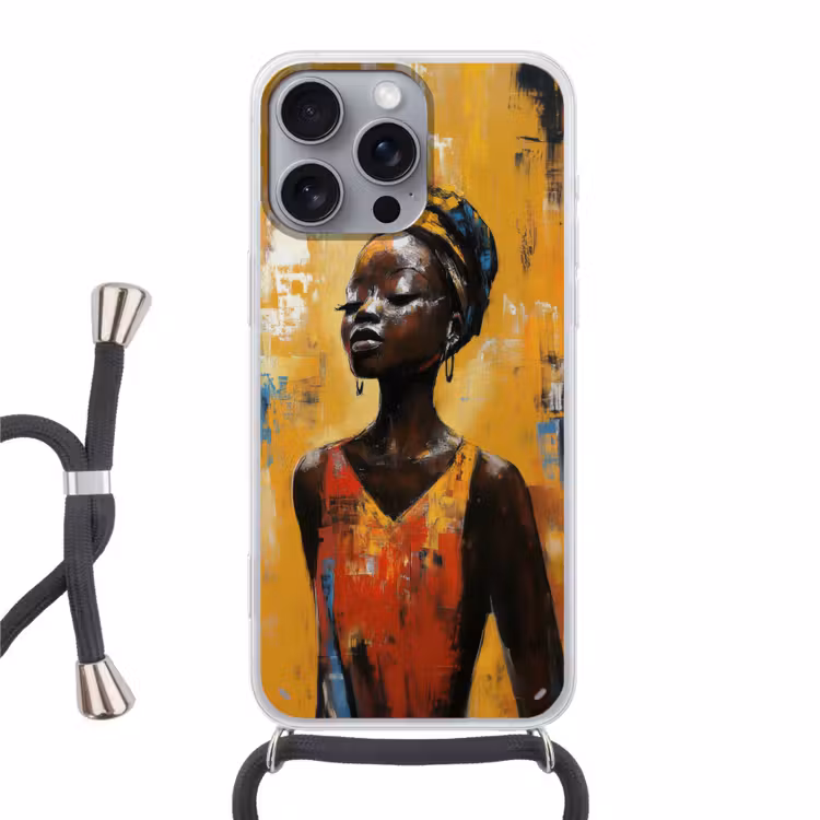 Vrouw - Ogen - Penseelstreken - Geel Hoesje iPhone 16 Pro Max met koord klein -3d